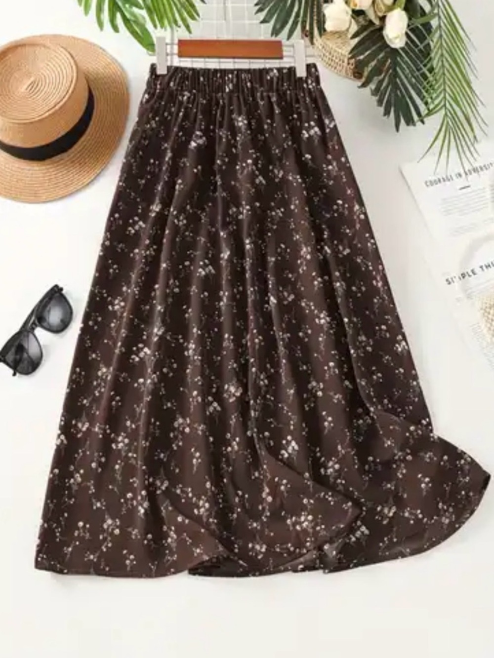 Chocolate Brown Floral Ditsy Maxi Skirt Cottagecore Earth Tone Flowy Skirt XXL - Picture 3 of 7